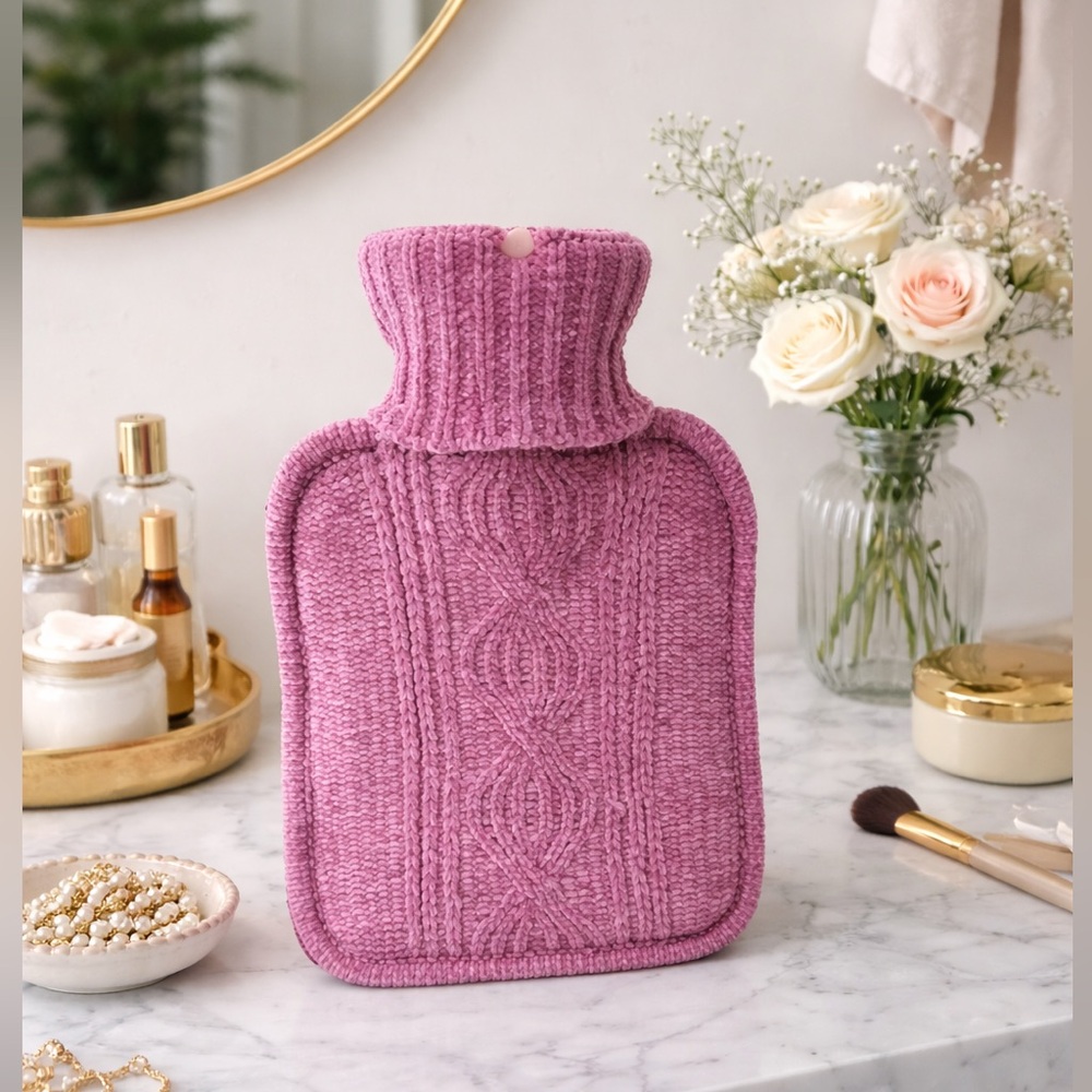 Cozy Cable-Knit Hot Water Bottle with Soft Pink Cover